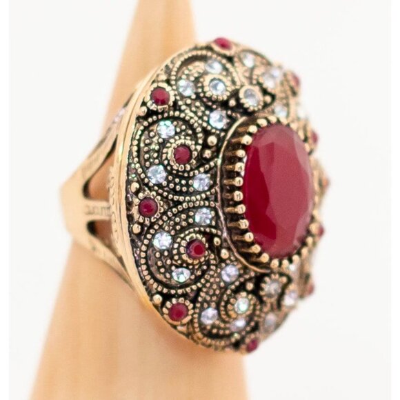 Vintage Art Deco Ruby Mandala Round Ring Size 6 1/2 - T1 - Picture 2 of 3